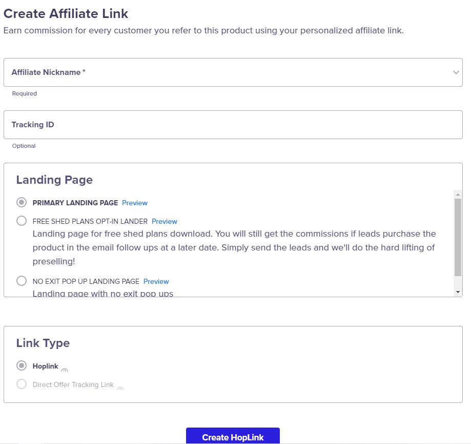 How to Start a Blog for Income; A screenshot of an Affiliate Hoplink creation.