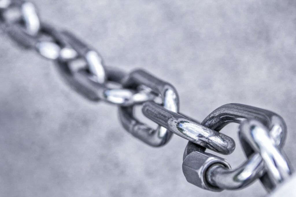 How to Start a Blog for Income; - Chrome chain links, linked as a security chain, on a light grey background