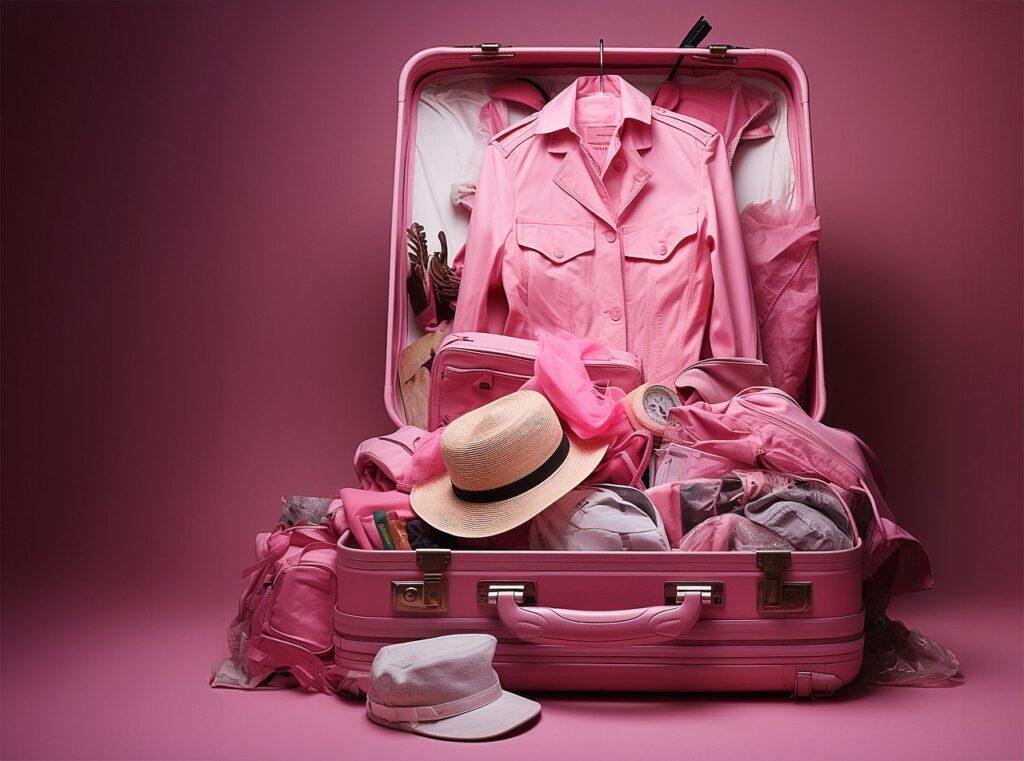 A Pink Open Suitcase  overpacked with Lots of Pink Clothes