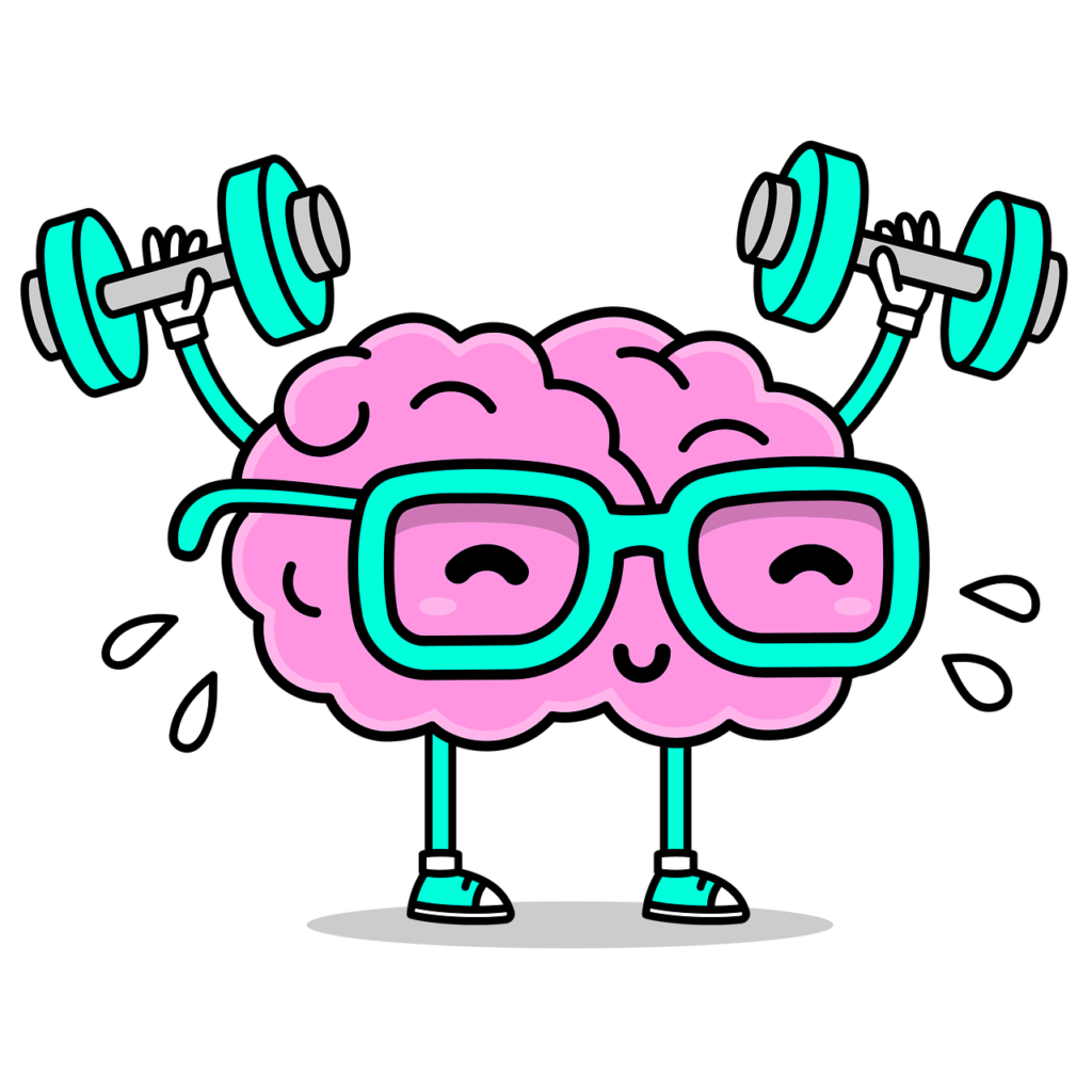 Cartoon Brain Wearing Square Glassess Lifting weights