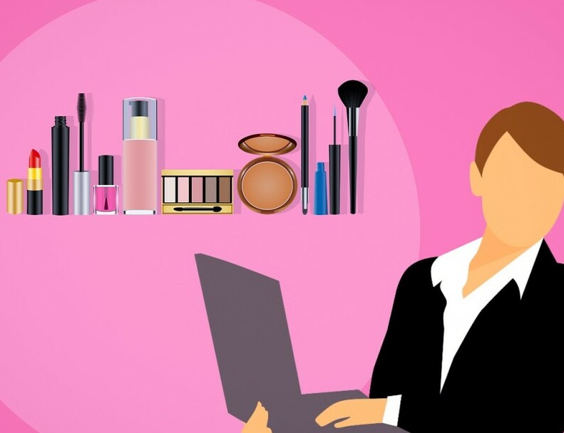 Common Mistakes of Affiliate Marketing - a pink background with graphics of various make - up products and a silouette image of a person holding a laptop screen open